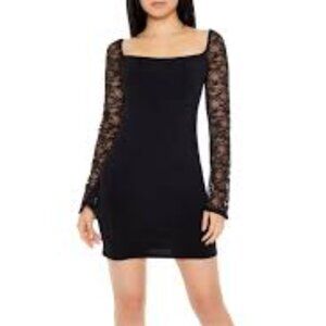 Forever 21 Black Bodycon Mini Dress with Long Lace Sleeves, Stretch Size Small